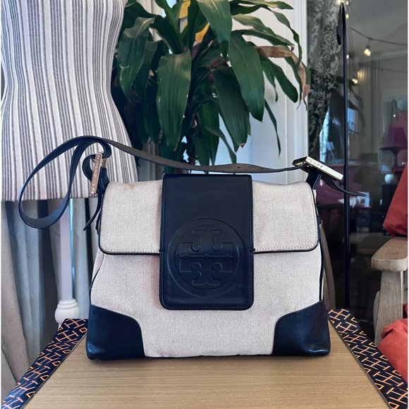 TORY BURCH AUTHENTIC VINTAGE CANVAS AND BLACK (DARK BLUE?) HANDBAG - Picture 2 of 15